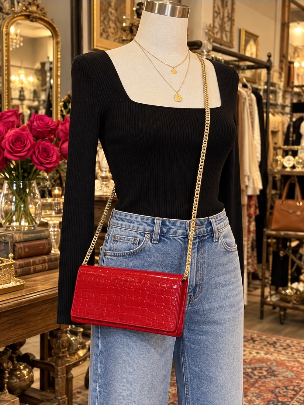 Nordstrom Red Croc-Embossed Chain Crossbody Bag
